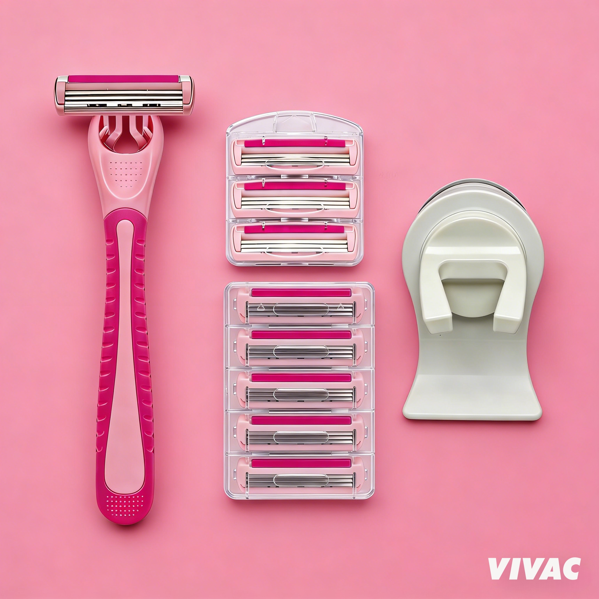 VIVAC CX-T42 women's disposable safety razor set with pink handle, cartridge trays, and wall-mount stand