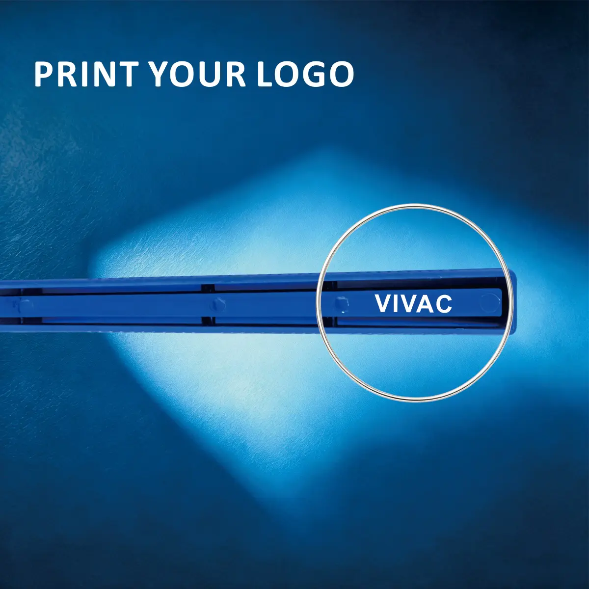 Print your logo VIVAC branding example on blue razor handle