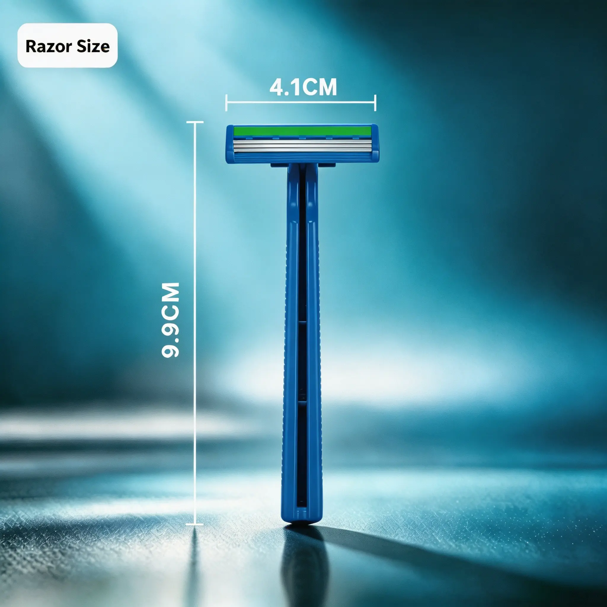 Razor Size dimension chart showing 9.9CM height and 4.1CM width blue handle