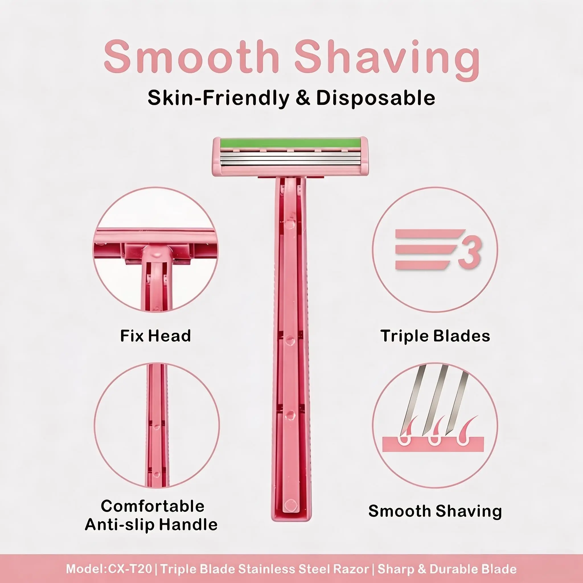 Smooth Shaving diagram showing Fix Head Triple Blades and Anti-slip Handle features in pink