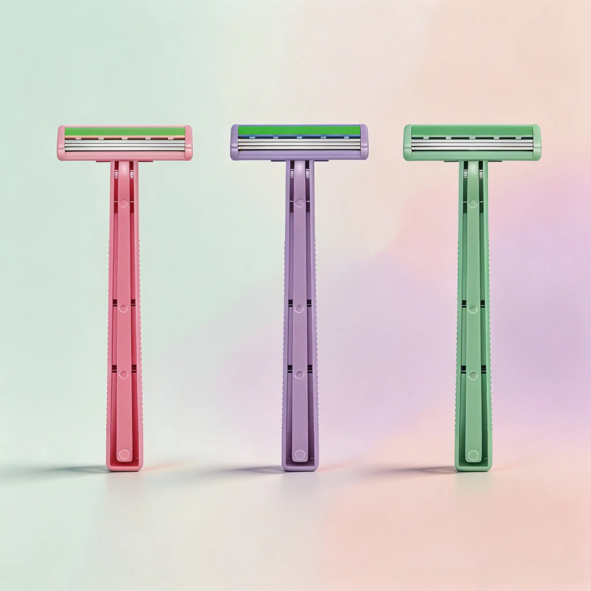 Pink purple and green Disposable Razor handles standing upright on gradient background