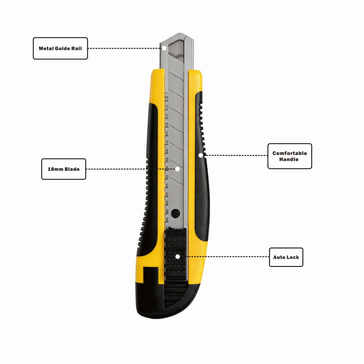 Labeled features of heavy duty utility knives: metal guide rail, 18mm blade, comfortable handle, autolock